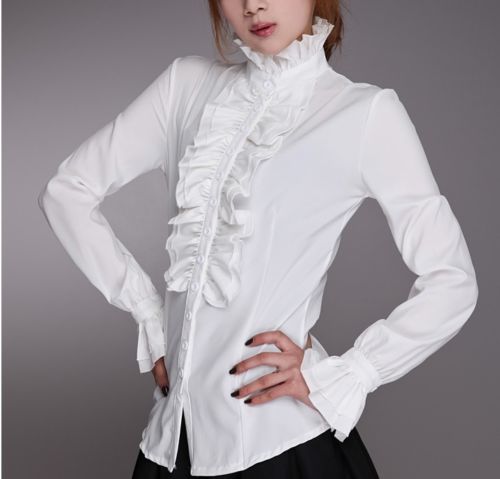 blusas de mujer New Victorian Flounce Blouse Women OL Office Ladies Business White Shirt High Neck Frilly Ruffle Cuffs Shirts Female Blouses - Amazhona 