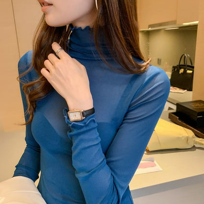 blusas de muje Size M-3XL Girls Mesh Blouses Shirts Tees Female Autumn Transparent Full Sleeve Turtleneck Thin Blouse Tops Undershirts Women - Amazhona 