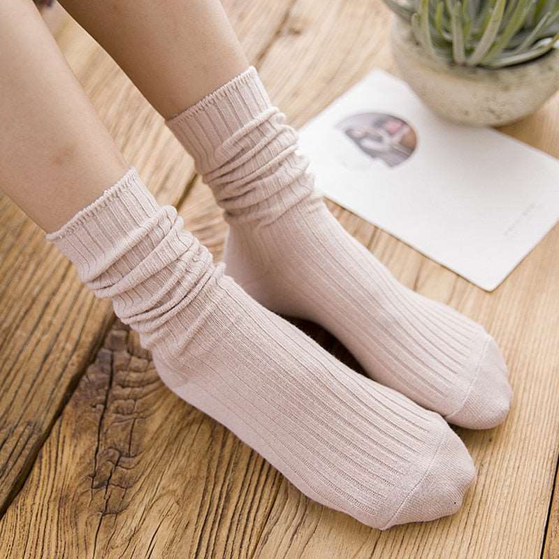 1 Pair Retro Women Cotton Loose Socks Autumn Winter Knitting Solid Color Long Black Pink Korean Japanese Student Girls Stockings - Amazhona 