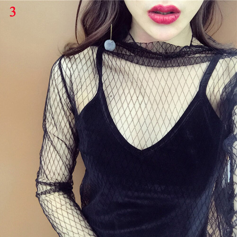 blusas de mujer 2020 Spring Summer Womens Long Sleeve Sexy Black Mesh Top Blouses Transparent Punk Club Shirt Tees Beach Tops - Amazhona 