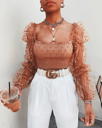 blusas de mujer blusas de mujer blusas de muje Women Mesh Sheer Blouse Chiffon See-through Long Sleeve Top Shirt Blouse Fashion Organza Transparent White Shirt Female Blusas - Amazhona 