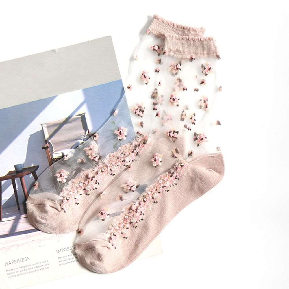 1 Pair Breathable Ultra Thin Socks Summer Women Transparent Lace Silk Crystal Rose Flower Girls Elastic Short Socks Female Sox - Amazhona 