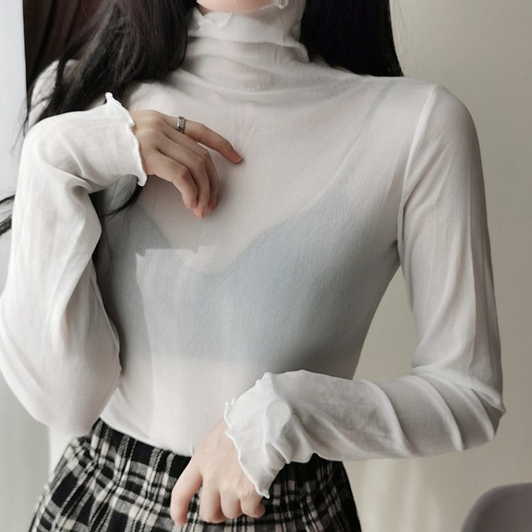 blusas de mujer Spring Autumn Women's Sexy See-Through Mesh Blouse Female Long Sleeve Transparent Elegant Shirt Fashion Women Tops - Amazhona 