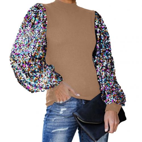 blusas de mujer Women Blouses 2020 Fashion Women Autumn Winter Mock Neck Sequins Patchwork Long Puff Sleeve Blouse Shirt Top - Amazhona 