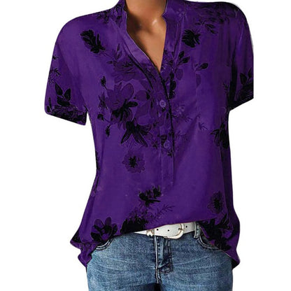 blusas de mujer Elegant women's shirt printing large size casual shirt fashion V-neck short-sleeved shirt blouse - Amazhona 