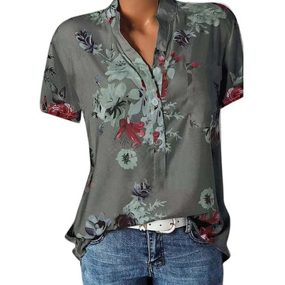 blusas de mujer Elegant women's shirt printing large size casual shirt fashion V-neck short-sleeved shirt blouse - Amazhona 