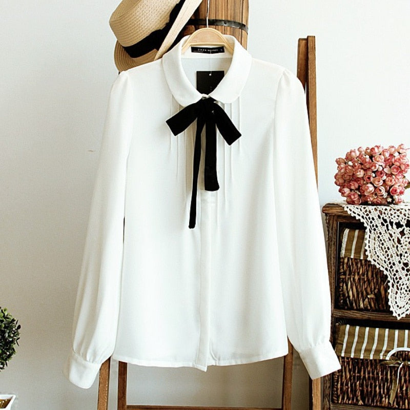 blusas de muje Fashion Female Elegant Bow Tie White Blouses Chiffon Collar Casual Shirt Office Ladies Blouse Summer Blouses for Women - Amazhona 