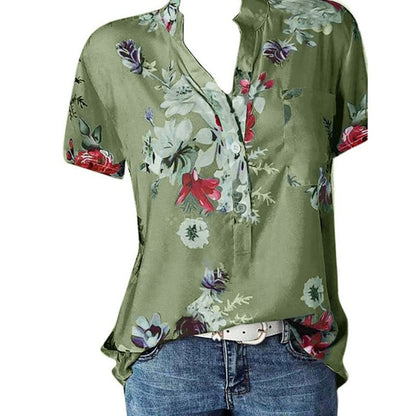 blusas de mujer Elegant women's shirt printing large size casual shirt fashion V-neck short-sleeved shirt blouse - Amazhona 