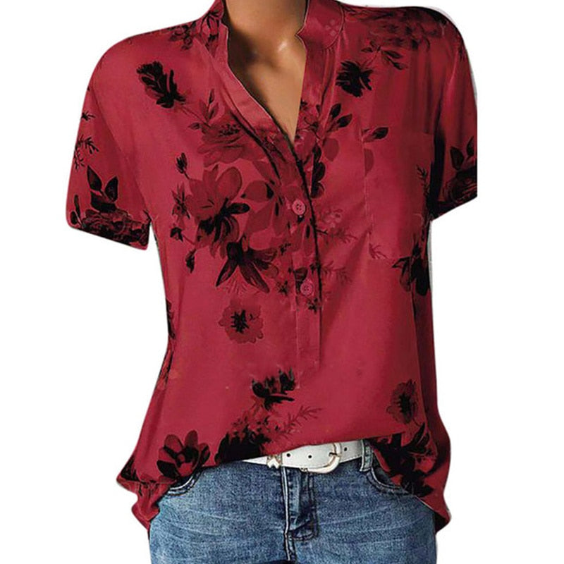 blusas de mujer Elegant women's shirt printing large size casual shirt fashion V-neck short-sleeved shirt blouse - Amazhona 