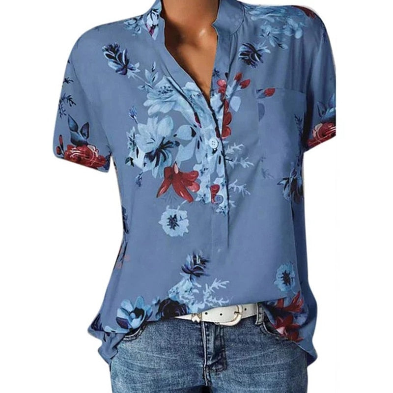 blusas de mujer Elegant women's shirt printing large size casual shirt fashion V-neck short-sleeved shirt blouse - Amazhona 