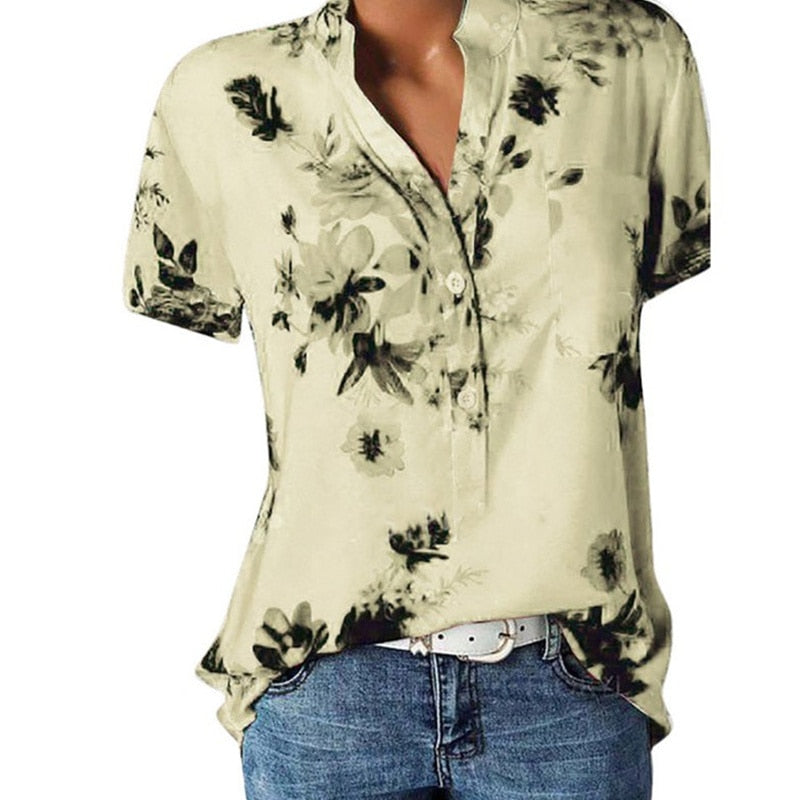 blusas de mujer Elegant women's shirt printing large size casual shirt fashion V-neck short-sleeved shirt blouse - Amazhona 