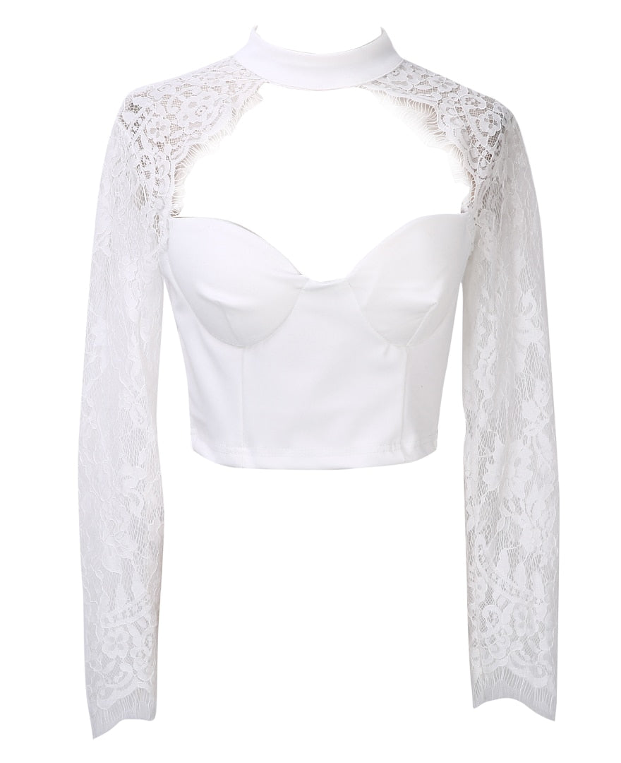 blusas de mujer Summer Fashion Women Sexy Cutout Long Sleeve Lace Shirt Tops Blouse  Crop Tops White Black - Amazhona 