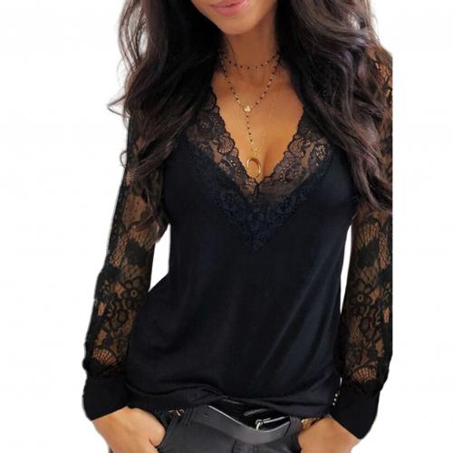 blusas de mujer Sexy Women Blouse Deep V Neck Lace Trim See Through Polyester Long Sleeve shirt Blouse Top Women's Clothing женская одежда 2021 - Amazhona 