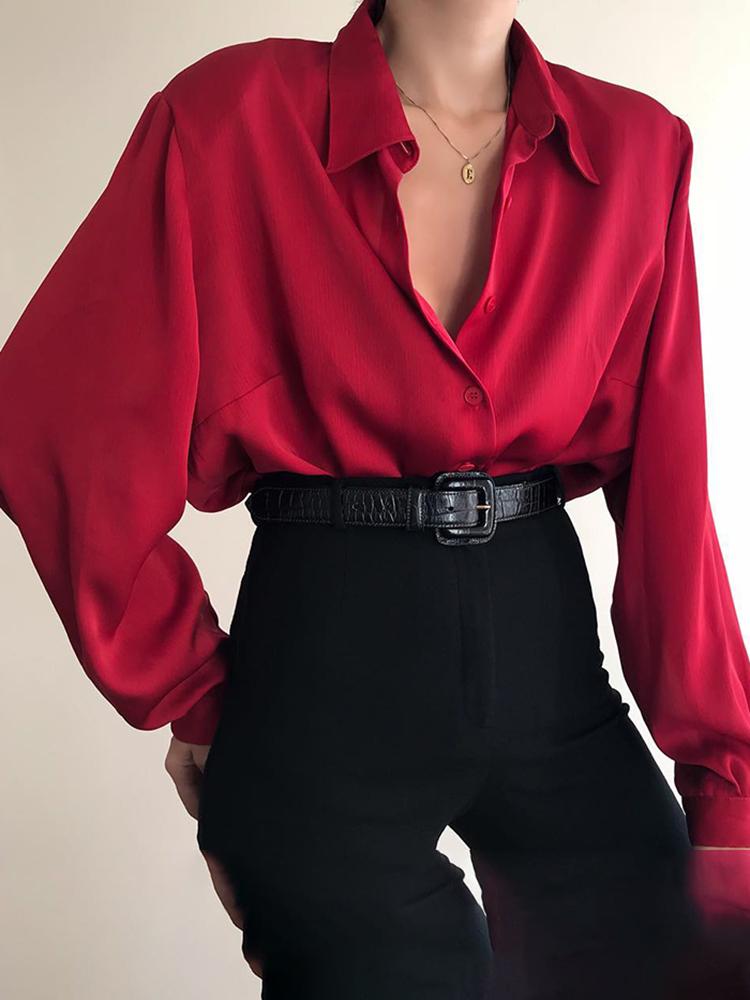 blusas de mujer Women Button Blouses Turn Down Collar Shirts Office Lady Long Sleeve Casual Blouse Loose OL Shirt Baggy Tops Red/Wine Red /Black - Amazhona 