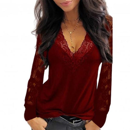 blusas de mujer Sexy Women Blouse Deep V Neck Lace Trim See Through Polyester Long Sleeve shirt Blouse Top Women's Clothing женская одежда 2021 - Amazhona 