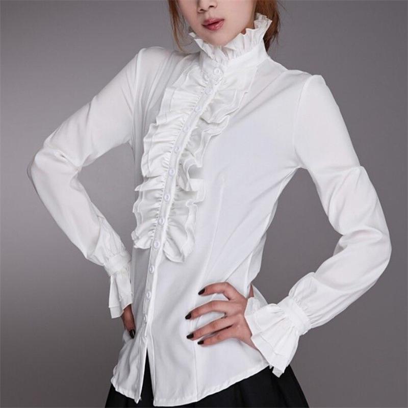 blusas de mujer Fashion Victorian Women OL Office Ladies White Shirt High Neck Frilly Ruffle Cuffs Shirts Female Blouse Cuffs Blouse Autumn - Amazhona 