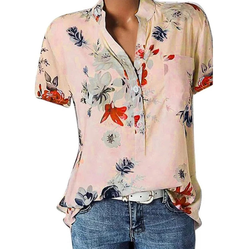 blusas de mujer Elegant women's shirt printing large size casual shirt fashion V-neck short-sleeved shirt blouse - Amazhona 