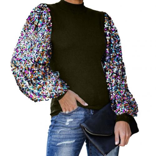 blusas de mujer Women Blouses 2020 Fashion Women Autumn Winter Mock Neck Sequins Patchwork Long Puff Sleeve Blouse Shirt Top - Amazhona 