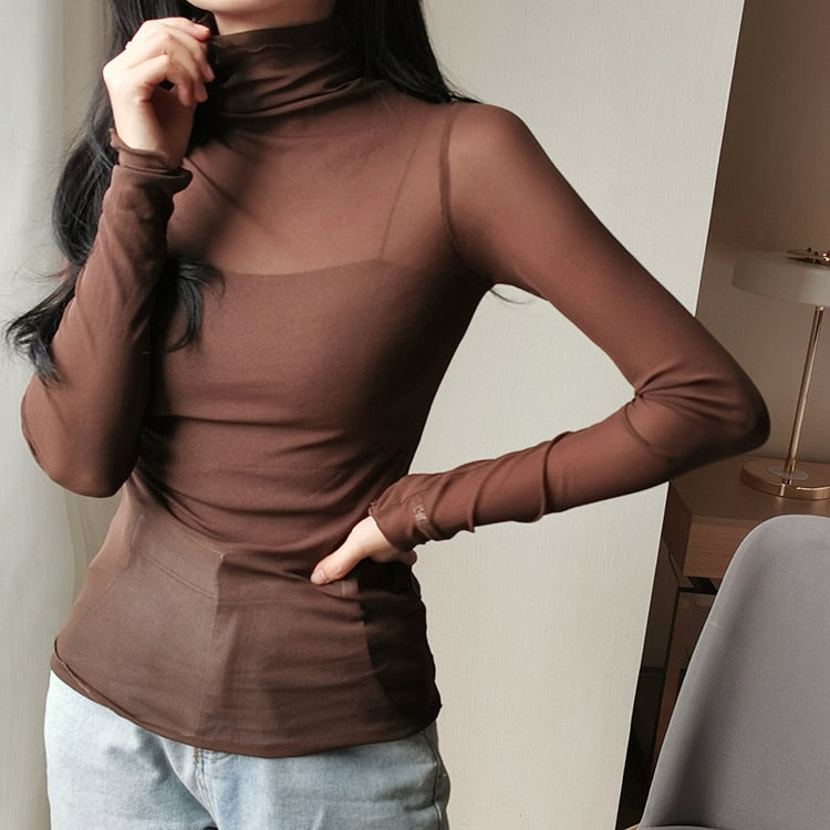 blusas de mujer Spring Autumn Women's Sexy See-Through Mesh Blouse Female Long Sleeve Transparent Elegant Shirt Fashion Women Tops - Amazhona 