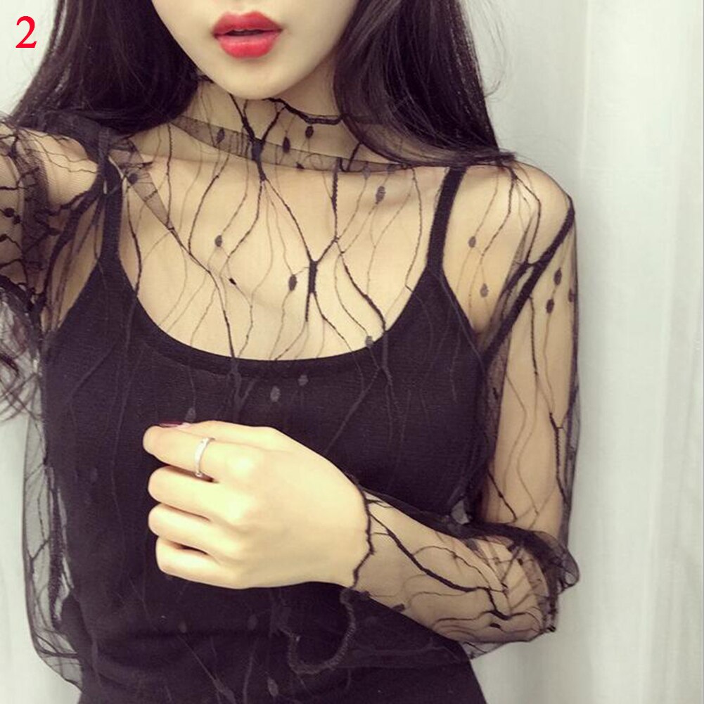 blusas de mujer 2020 Spring Summer Womens Long Sleeve Sexy Black Mesh Top Blouses Transparent Punk Club Shirt Tees Beach Tops - Amazhona 