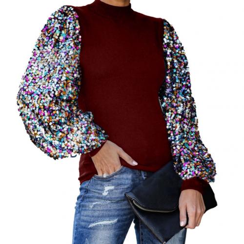 blusas de mujer Women Blouses 2020 Fashion Women Autumn Winter Mock Neck Sequins Patchwork Long Puff Sleeve Blouse Shirt Top - Amazhona 