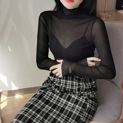 blusas de mujer Spring Autumn Women's Sexy See-Through Mesh Blouse Female Long Sleeve Transparent Elegant Shirt Fashion Women Tops - Amazhona 