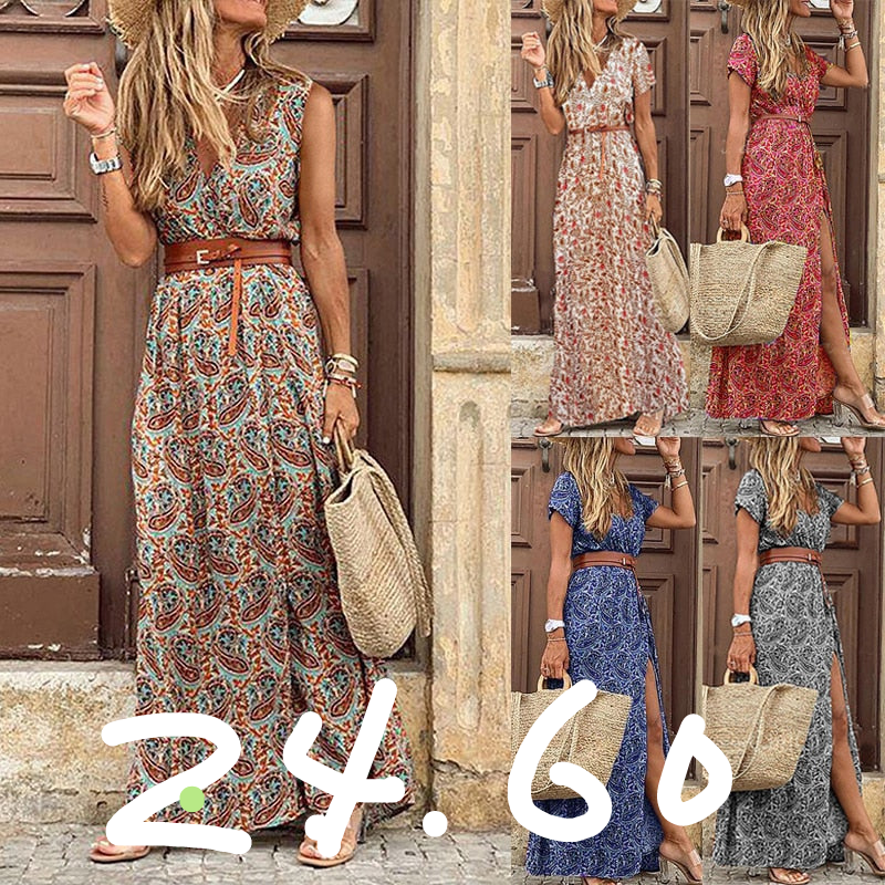 Boho Long Dress for Women Evening 2022 Summer Vestidos de Mujer Dresses Elegant Robe Femme Casual Maxi Short Sleeve Clothing - Amazhona 