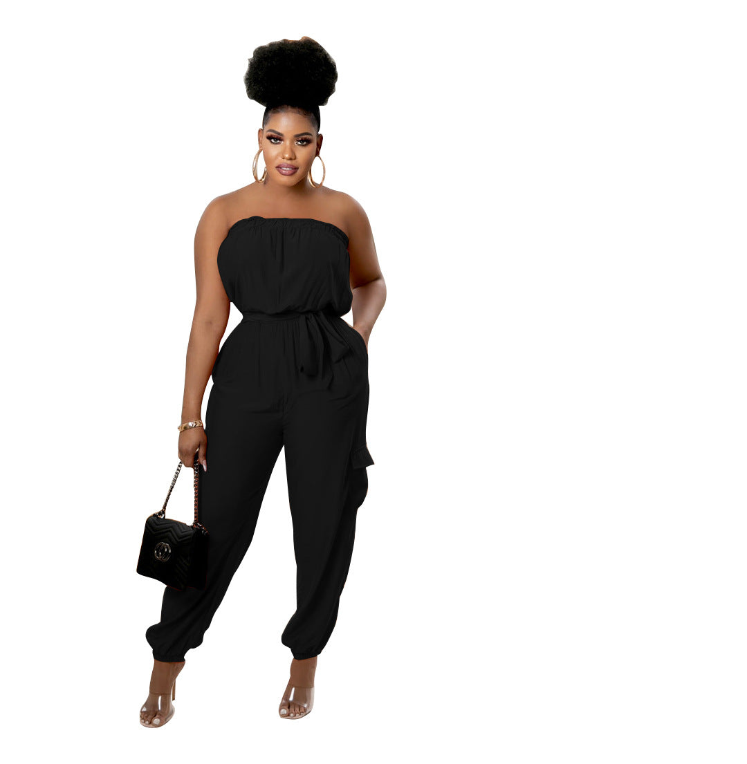 Fashion Casual Tube Top Pocket Belt Spring And Summer Jumpsuit - Amazhona 