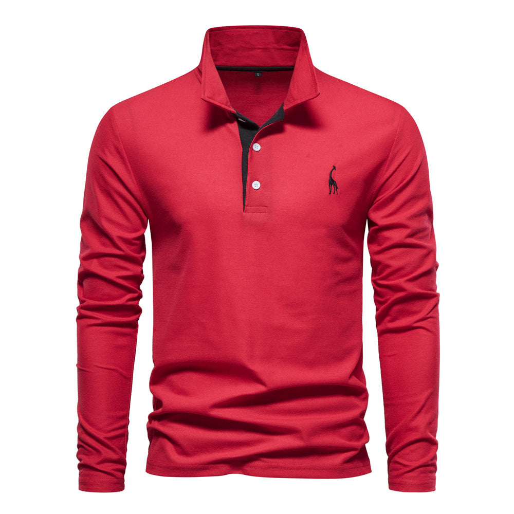 Men's Fashion Casual Polo Collar Deer Embroidered Long Sleeve - Amazhona 