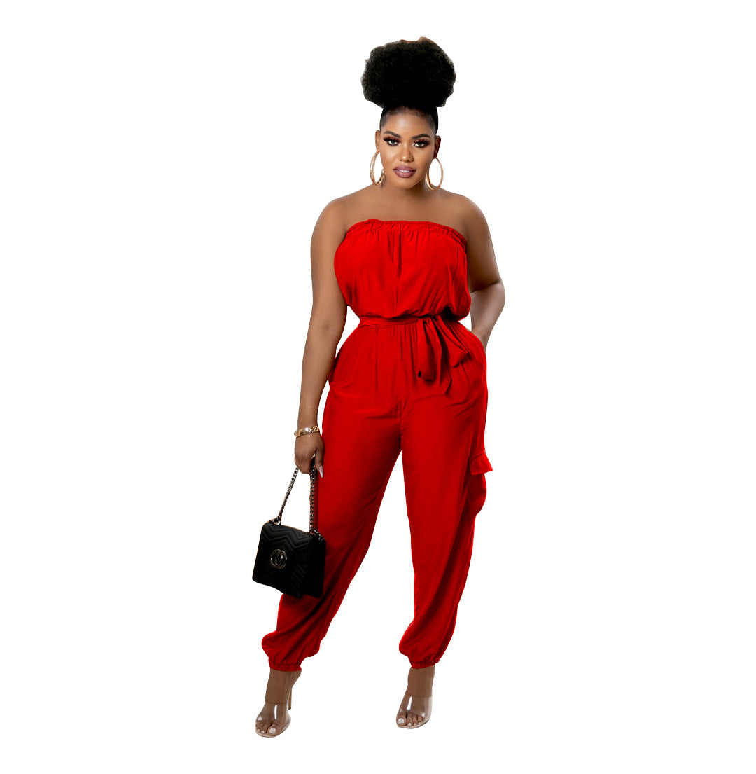 Fashion Casual Tube Top Pocket Belt Spring And Summer Jumpsuit - Amazhona 