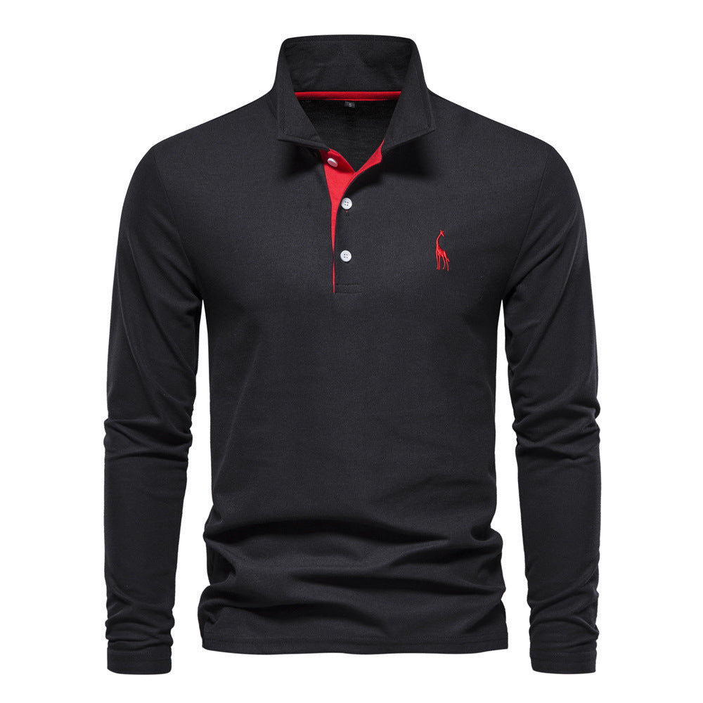 Men's Fashion Casual Polo Collar Deer Embroidered Long Sleeve - Amazhona 