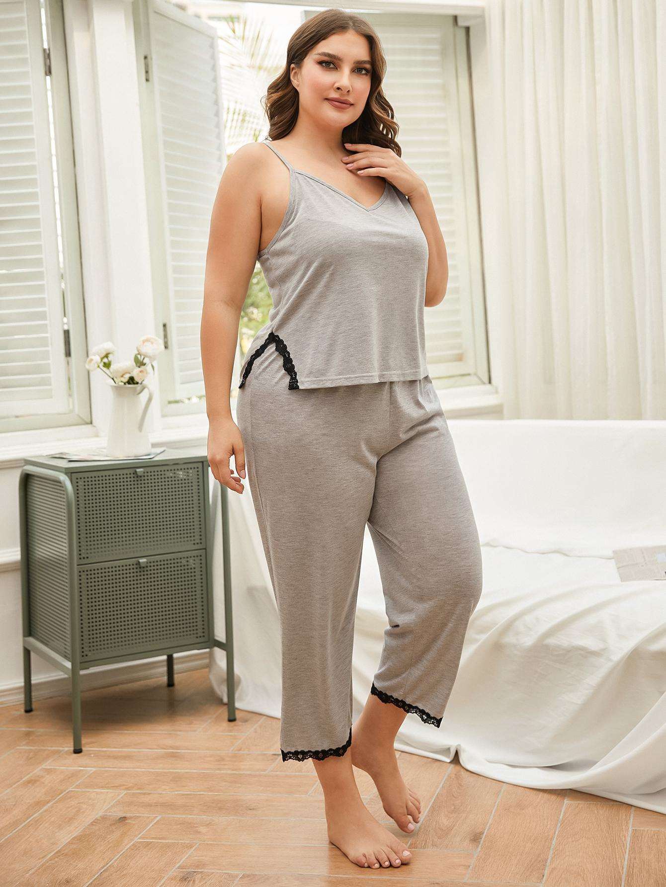 Plus Size Lace Trim Slit Cami and Pants Pajama Set - Amazhona 