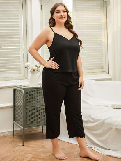 Plus Size Lace Trim Slit Cami and Pants Pajama Set - Amazhona 