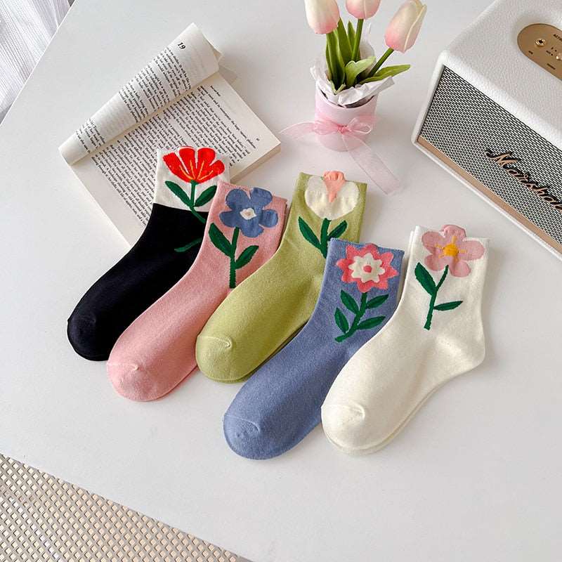 1 Pair Women Socks Japanese Korean Style Cartoon Flower Candy Color Harajuku Kawaii Mid Tube Socks Breathable Casual Short Socks - Amazhona 