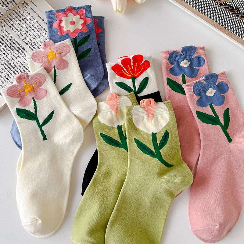 1 Pair Women Socks Japanese Korean Style Cartoon Flower Candy Color Harajuku Kawaii Mid Tube Socks Breathable Casual Short Socks - Amazhona 