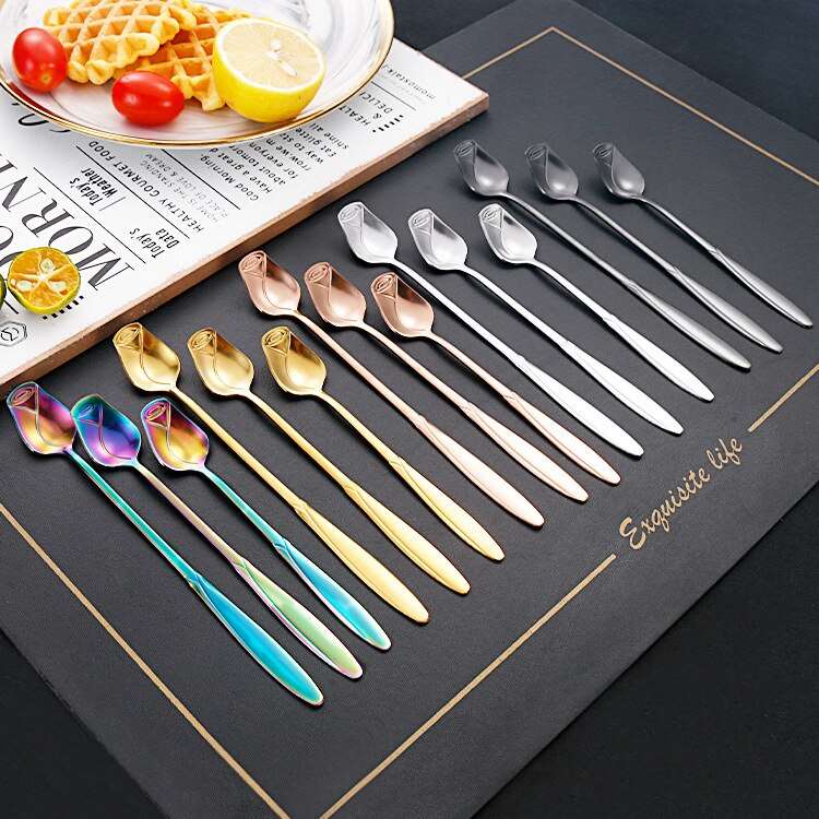 1PCS Stainless Steel Rose Spoon Kitchen Cutlery Milk Coffee Stirring Spoon Dessert Cake Tools Cutlery Set tiny spoon - Amazhona 