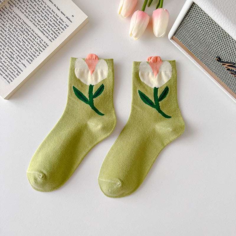 1 Pair Women Socks Japanese Korean Style Cartoon Flower Candy Color Harajuku Kawaii Mid Tube Socks Breathable Casual Short Socks - Amazhona 