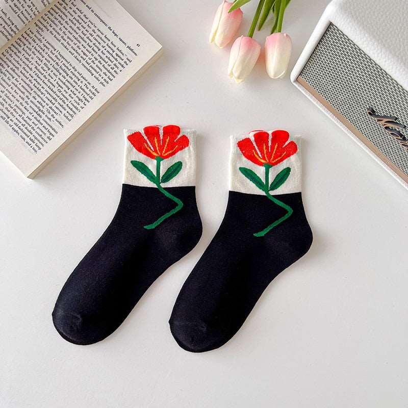 1 Pair Women Socks Japanese Korean Style Cartoon Flower Candy Color Harajuku Kawaii Mid Tube Socks Breathable Casual Short Socks - Amazhona 