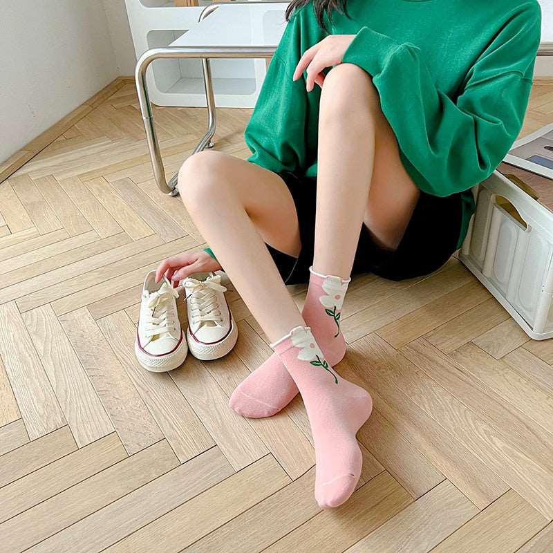 1 Pair Women Socks Japanese Korean Style Cartoon Flower Candy Color Harajuku Kawaii Mid Tube Socks Breathable Casual Short Socks - Amazhona 