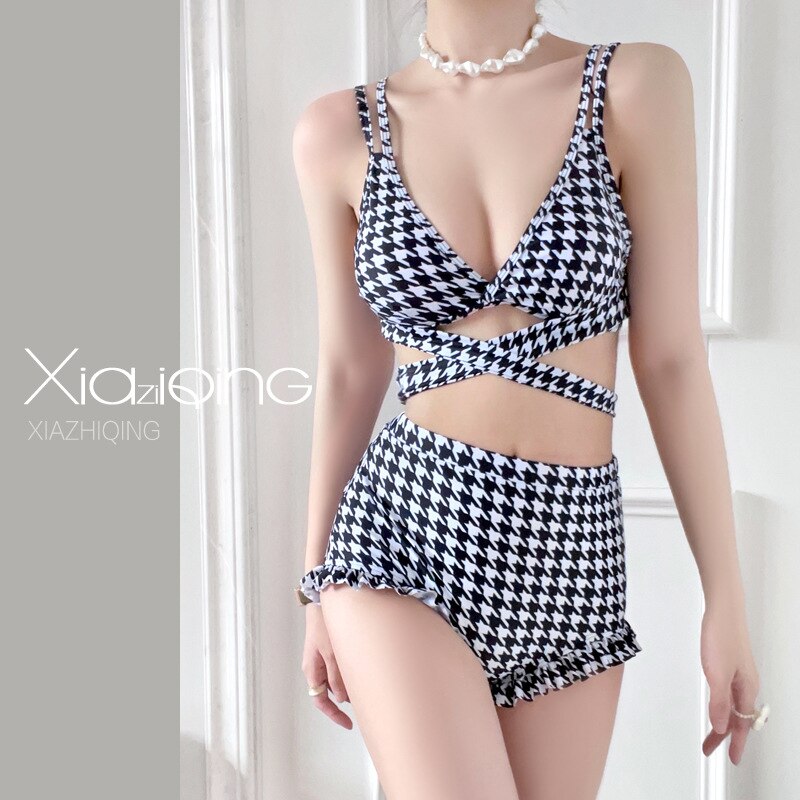 bikini Swimsuit Female Hot Spring Split Houndstooth Bikini Single Is Hell Sexy Pure Desire Hot Spring Style Song Zhiya Same Beachwear - Amazhona 