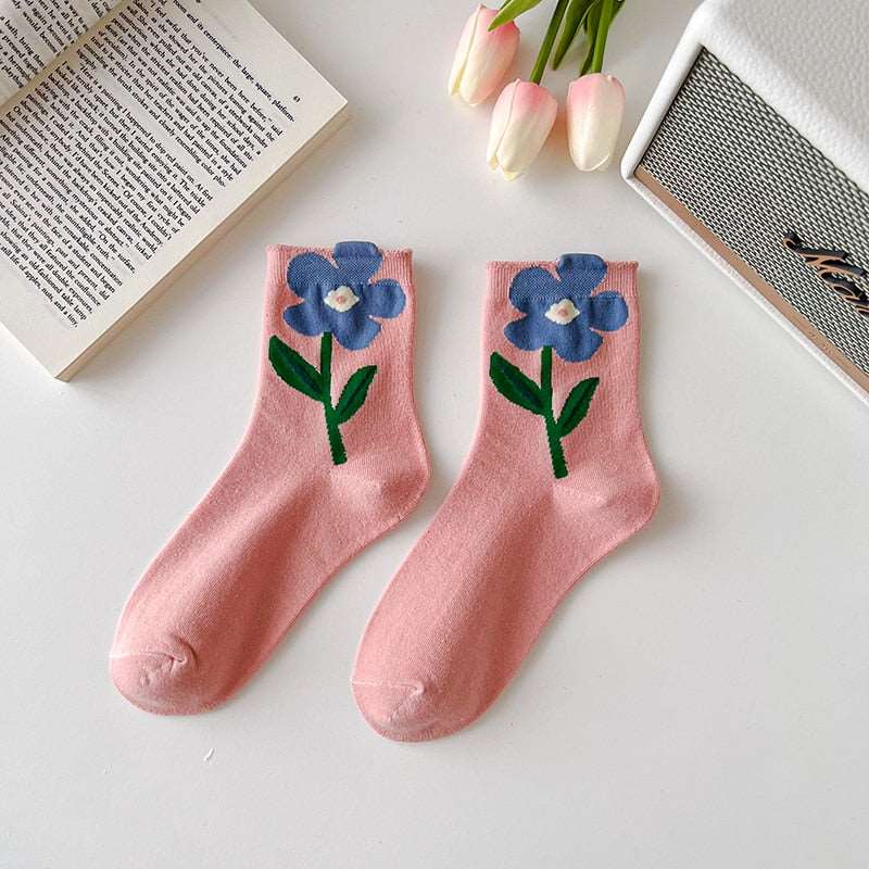 1 Pair Women Socks Japanese Korean Style Cartoon Flower Candy Color Harajuku Kawaii Mid Tube Socks Breathable Casual Short Socks - Amazhona 