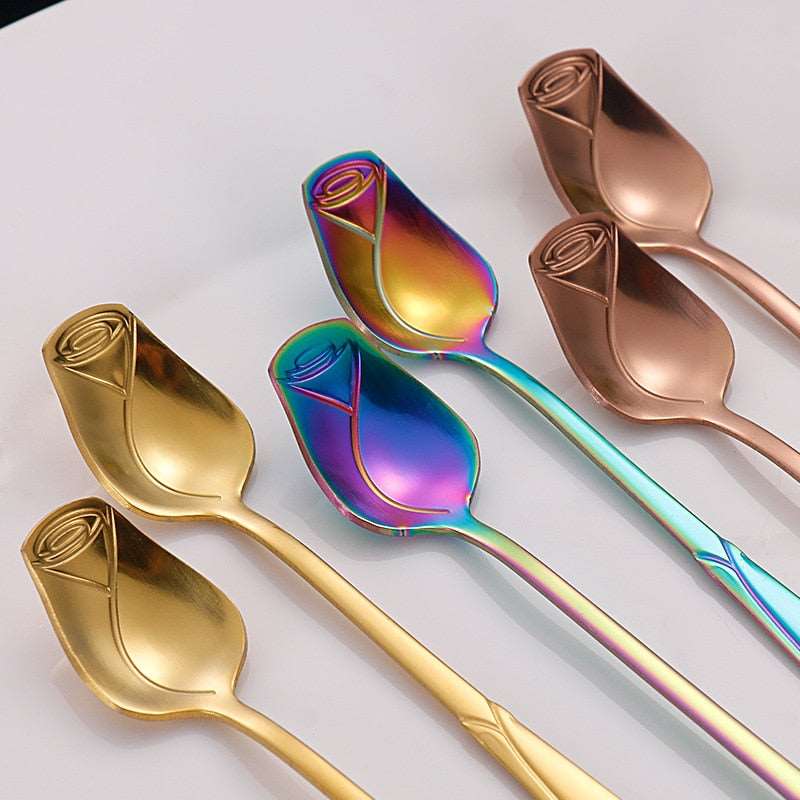 1PCS Stainless Steel Rose Spoon Kitchen Cutlery Milk Coffee Stirring Spoon Dessert Cake Tools Cutlery Set tiny spoon - Amazhona 