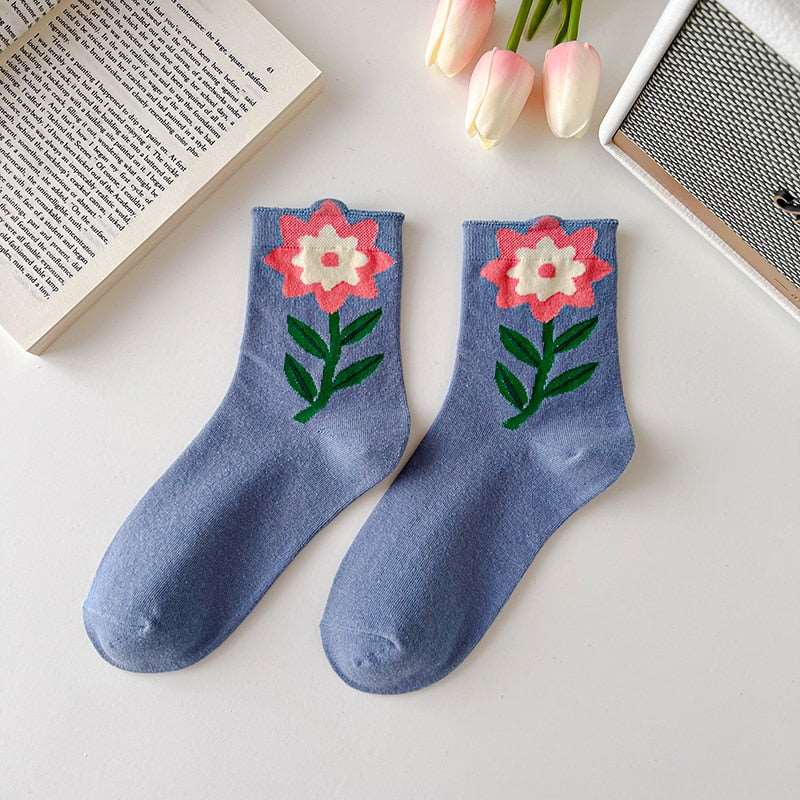 1 Pair Women Socks Japanese Korean Style Cartoon Flower Candy Color Harajuku Kawaii Mid Tube Socks Breathable Casual Short Socks - Amazhona 