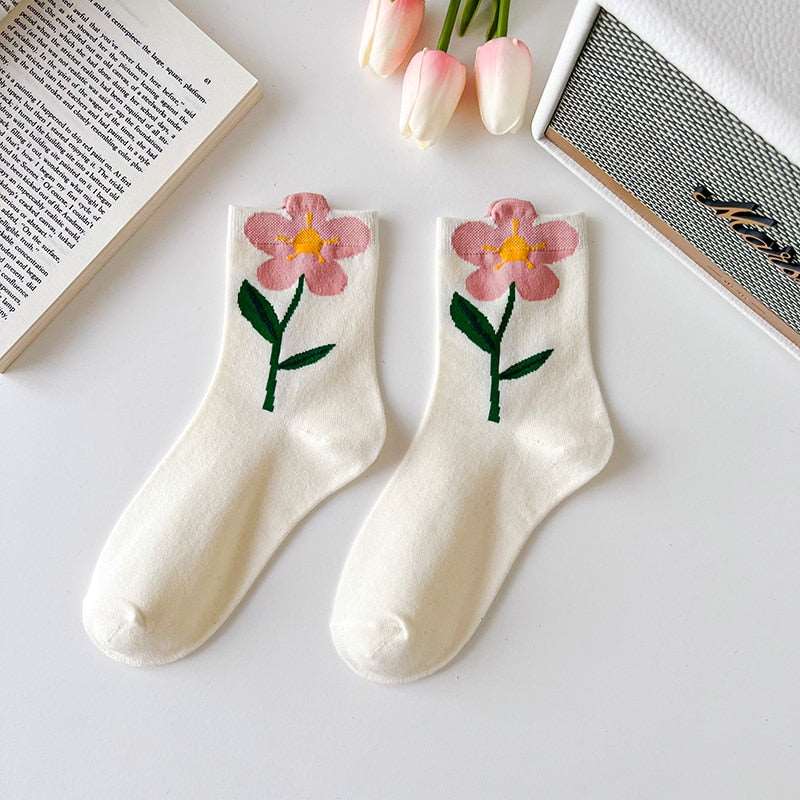 1 Pair Women Socks Japanese Korean Style Cartoon Flower Candy Color Harajuku Kawaii Mid Tube Socks Breathable Casual Short Socks - Amazhona 