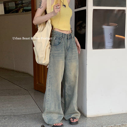 Retro Nostalgic Washed Loose Raw Hem Wide Leg Jeans