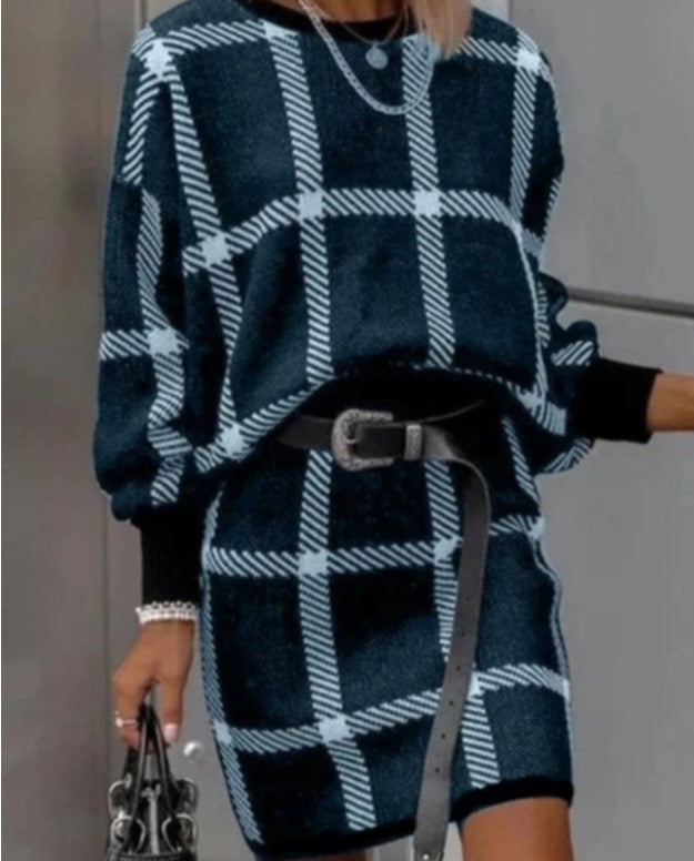 Large Plaid Pullover Long Sleeve Woolen Skirt Suit Two-piece Set - Amazhona 