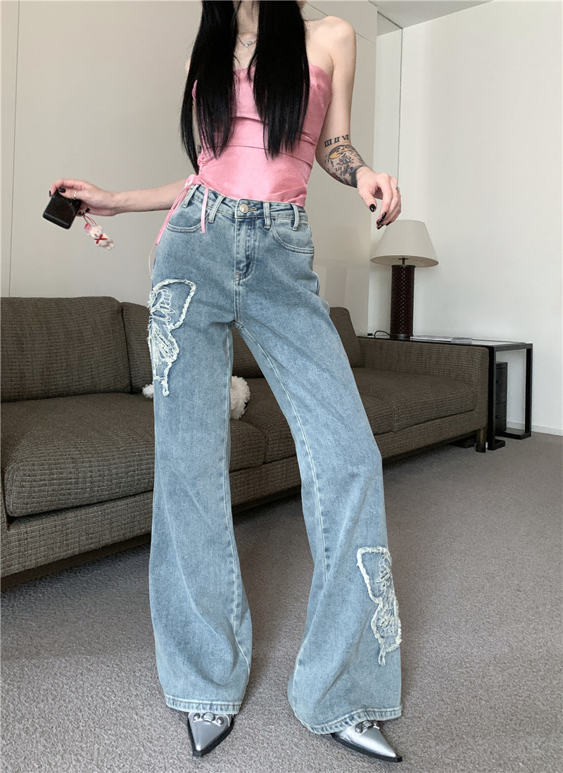 Distressed Low Waist Slightly Wide-leg Pants Mop Trousers