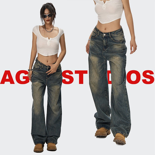 High Waist Wide Leg Jeans Women's Slimming Versatile Draping Retro Nostalgic Straight Mop Pants