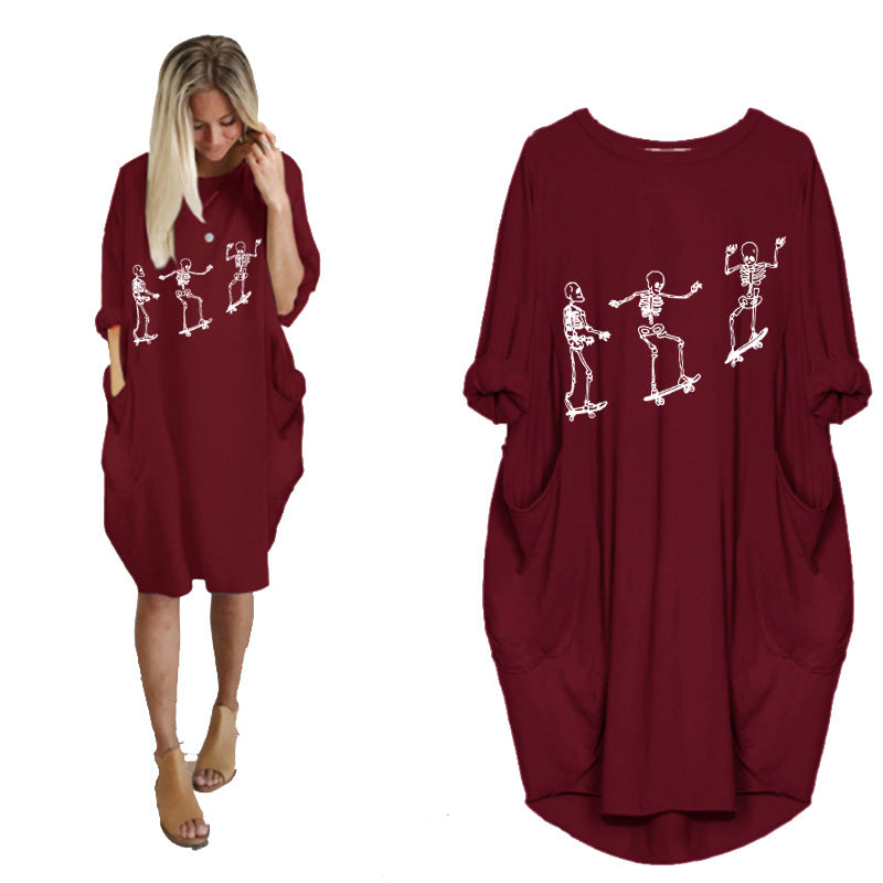 Women's Casual Loose Pocket Long Sleeve Halloween Printed Dress - Amazhona 