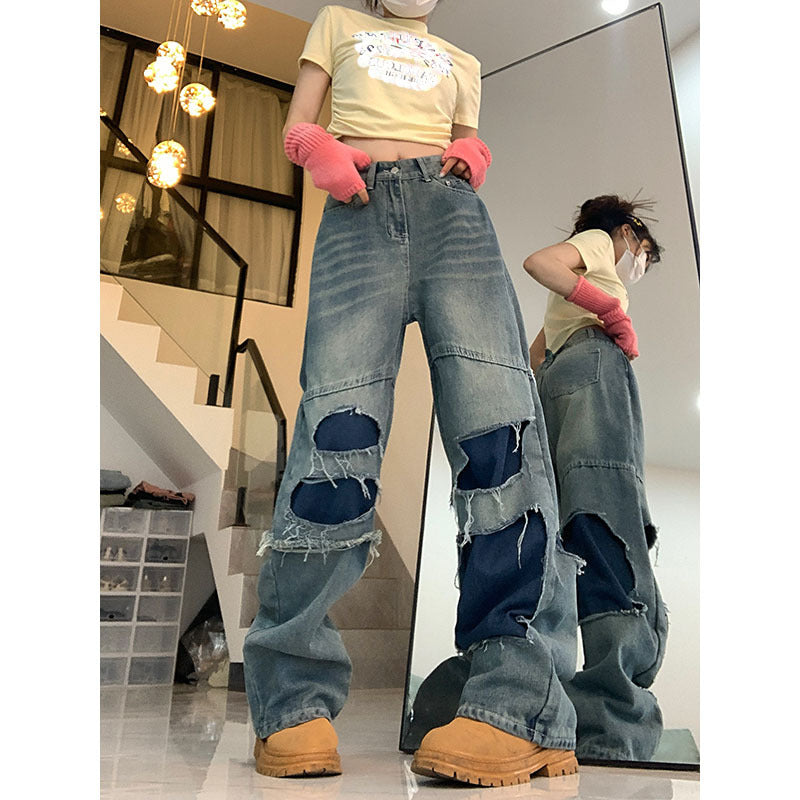 Ripped Stitching Burr Contrast Color Jeans